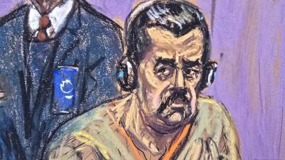 Fotografía de un dibujo realizado por la artista Jane Rosenberg donde aparece el depuesto presidente de Venezuela, Nicolás Maduro, durante una de sus comparecencia ante un tribunal federal, en Nueva York (NY, EE.UU.). EFE/Jane Rosenberg