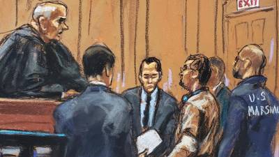 Ilustración de Juan Orlando Herández durante el juicio en Nueva York, Estados Unidos.