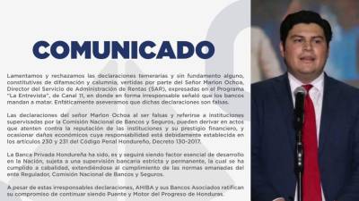 Comunicado emitido por la Asociación Hondureña de Instituciones Bancarias (Ahiba) ante declaraciones de Marlon Ochoa, ministro del SAR.
