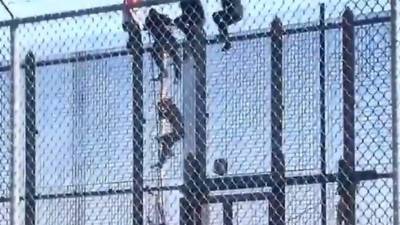 Al menos siete inmigrantes cruzaron a Estados Unidos usando una escalera para subir al muro./Twitter.