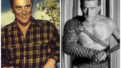 El actor Kirk Douglas en un retrato de su adolescencia y en su famoso papel como 'Espartaco'.