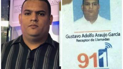 Gustavo Adolfo Araujo junto a su carnet de trabajo del 911.