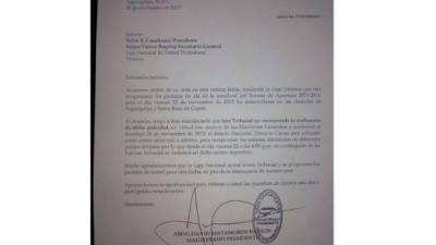 Esta es la carta que mandó el Tribunal Supremo Electoral a la Liga Nacional.