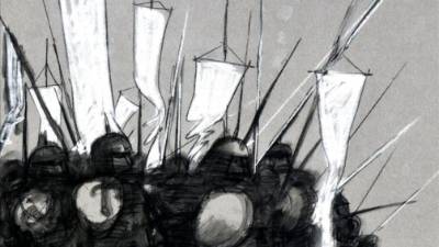 Dibujo en blanco y negro de la película Historias de Cronopios y Famas, en el centenario del nacimiento del escritor argentino Julio Cortázar.