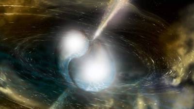 Representación artística de la fusión de dos estrellas de neutrones, que, junto con las ondas gravitacionales resultantes, le dan (una vez más) la razón a Albert Einstein.