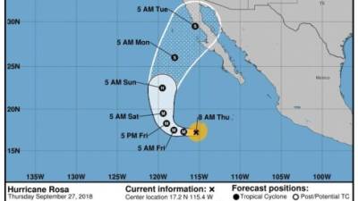 El huracán Rosa, en el Pacífico mexicano, se degradó a la categoría 2 en la escala Saffir-Simpson mientras ocasiona lluvias en varios estados del noroeste del país, informó hoy el Servicio Meteorológico Nacional (SMN). EFE/NHC/SOLO USO EDITORIAL/NO VENTAS