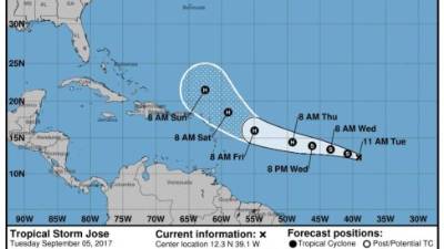 MIA38. MIAMI (EE.UU.), 05/09/2017.- Gráfica cedida por el Centro Nacional de Huracanes de los Estados Unidos (NHC) que muestra un pronóstico de 7 días de la posible trayectoria de José, la décima tormenta tropical del año en la cuenca atlántica hoy, martes 5 de septiembre de 2017, en Miami (EE.UU.). José se formó hoy en aguas abiertas del Atlántico y podría convertirse en huracán el próximo viernes y seguir la estela del potente huracán Irma, informó el Centro Nacional de Huracanes (NHC). José se encuentra a unas 1.505 millas (2.420 kilómetros) al este de las Antillas Menores, en el Caribe, se mueve hacia el oeste-noroeste a una velocidad de traslación de 12 millas por hora (20 km/h) y presenta vientos máximos sostenidos de 13 millas por hora (65 km/h). EFE/NHC/NOAA/SOLO USO EDITORIAL/NO VENTAS