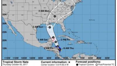 Forografía facilitada por la Agencia Nacional de Océanos y Atmósfera (NOAA) que muestra el parte meteorológico con la dirección prevista para la tormenta tropical Nate hoy, 6 de octubre de 2017. EFE/Noaa