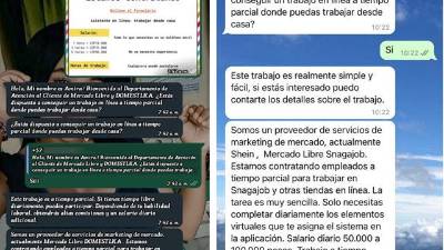 Una conversación de un estafador con una víctima a quien ofrece untentador empleo rellenando formularios en línea.
