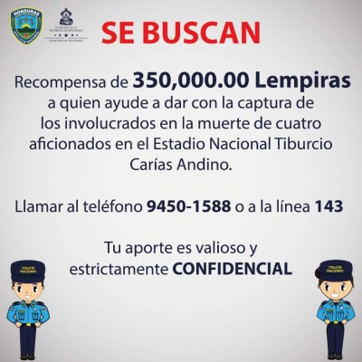 Ofrecen recompensa de L350,000 para dar con responsables de muertes en el Estadio Nacional