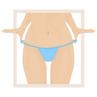 female torso in a blue bikini, she pulls the strap on panties