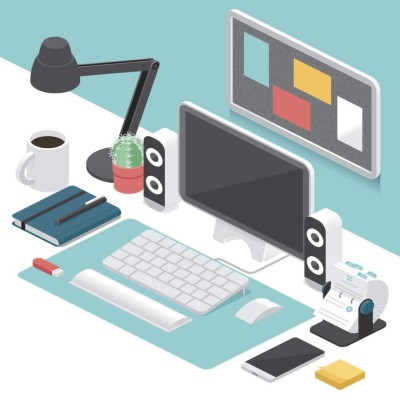 An isometric office workplace.