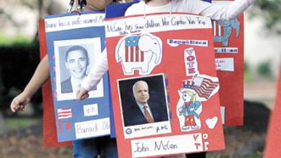 First graders at Mary Munford Elementary School in Richmond, Va. march in a 'Get out the Vote Parade' around the school Monday, Nov. 3, 2008. (AP Photo/Richmond Times-Dispatch, Mark Gormus)