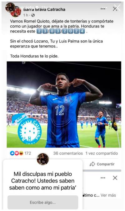 Romell Quioto publicó un posteo en donde un seguidor pedía su regreso para jugar el repechaje contra Costa Rica: “Mil disculpas, mi pueblo catracho. Ustedes saben cuánto amo mi patria”, escribió el futbolista.