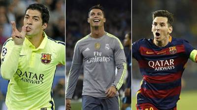 Luis Suárez, Cristiano Ronaldo y Lionel Messi compiten por el premio al mejor jugador de la UEFA.