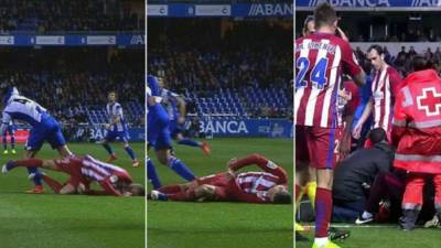 Auténticos momentos de angustia se vivieron cuando Fernando Torres, delantero del Atlético de Madrid, cayó fulminado al césped tras un golpe que se llevó en un encontronazo con un jugador del Deportivo La Coruña.