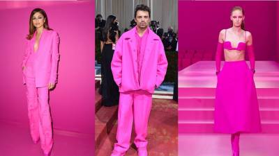 Valentino, otoño 2022: En la presentación de la colección otoñal de Valentino en París, Zendaya lució un estilo monocromático rosa de la firma. El actor Sebastian Stan lució un conjunto de Valentino en MET Gala 2022. En la colecció de Otoño 2022 de la firma incluyeron más de 80 atuendos en rosa intenso.