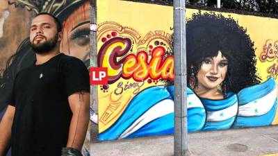 El artista Nery Fernández pintó un mural en apoyo a Cesia Sáenz, la representante de Honduras en La Academia.