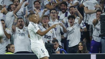 Mbappé celebró su primer tanto con el Real Madrid en Champions.