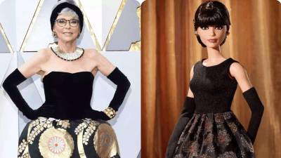 La muñeca está inspirada en los momentos más famosos de la actriz, cantante y bailarina Rita Moreno en la alfombra roja, esta por ejemplo se inspira en los premios Óscar 2,018 donde repitió su look de 1,962.