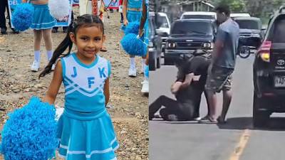 Foto en vida de la niña Katia Sofía Soriano. A la derecha, su madre llora desconsolada.