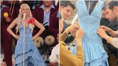 El vestido drapeado en azul celeste de Lady Gaga fue diseñado por el dominicano Raúl López.