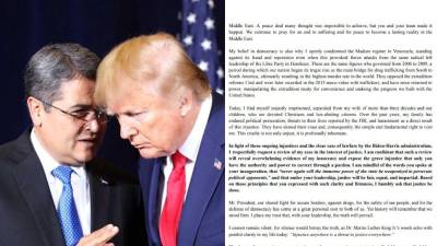 Semanas antes de ser liberado, el expresidente hondureño<a rel=nofollow noopener noreferrer href=https://x.com/JuanOrlandoH target=_blank> Juan Orlando Hernández</a> (2014-2022) escribió una carta que envió a Donald Trump, presidente de Estados Unidos, pidiéndole justicia y revisar su caso. Hernández, sentenciado a 45 años de cárcel por tres cargos de narcotráfico y armas preso en Pensilvania, llegó extraditado a Estados Unidos el 21 de abril de 2022.