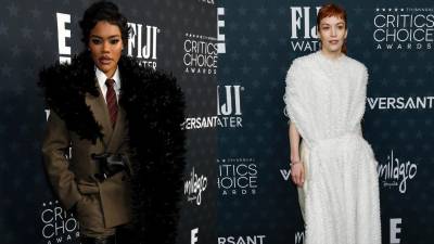 Britt Lower la actriz de la galardonada película 'One Battle After Another' llegó vestida por Bottega Veneta. Un inusual conjunto de traje sastre con estola, maxi botas y guantes. Indescriptible. ¿Alfombra roja o lista para dormir? La actriz Britt Lower lució un vestido que parecía una edredón.