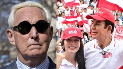 Fotografía de Roger Stone, exasesor de Trump e Iroshka Elvir y Salvador Nasralla.