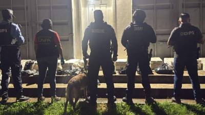 Agentes policiales ordenan los sacos de drogas decomidas en El Progreso, Yoro.