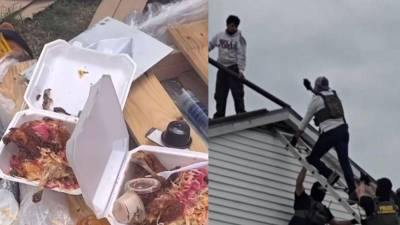 A la izquierda, los pollos con tajada que almorzaban los hondureños quedaron tirados en el suelo. A la derecha, otros compatriotas intentan huir por el techo de la Patrulla Fronteriza, pero hasta ahí los siguieron.