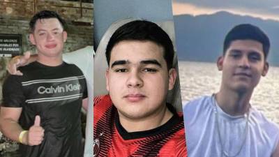 Fotos de Olvin Mejía, Fredy Valle y Alexis Romero; el promero está desaparecido, mientras el cuerpo de los otros dos ya fueron recuperados tras ahogarse en la playa Las Flores de La Libertad, El Salvador.