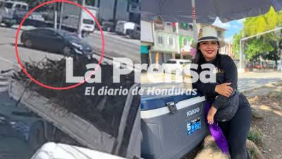 A la izquierda, el carro que se subió a la mediana tras perder el control luego de dar un giro a la izquierda, y que por poco arrolla a Nayrovis Orellana (derecha) y a otra jovencita que le ayuda a vender jugos en la avenida Juan Pablo Segundo.