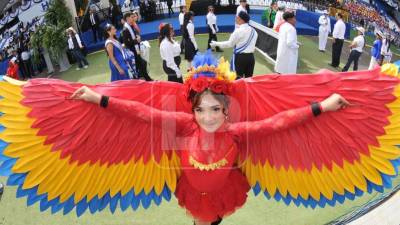 <b>Patriotismo.</b> Una estudiante luce un llamativo traje rojo con grandes alas en honor a la Guacamaya Roja.