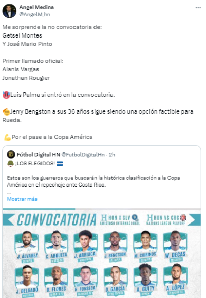 “Me sorprende la no convocatoria de:Getsel Montes y José Mario Pinto”, fueron otros de los comentarios en redes sociales.