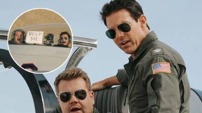 El presentador James Corden, fiel a su estilo cómico”, pidió “ayuda” para no volar con Tom Cruise.