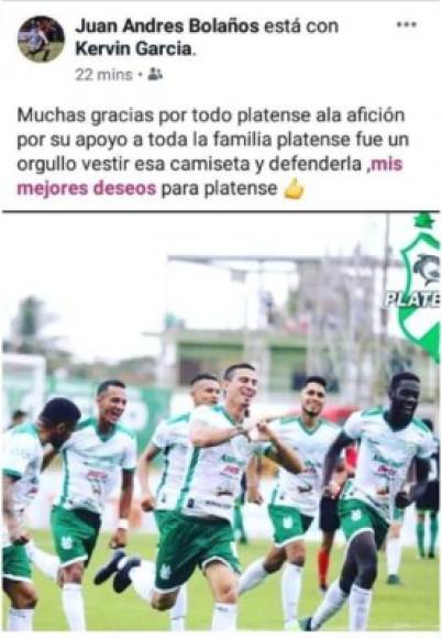 'Muchas gracias por todo Platense, a la afición por su apoyo, a toda la familia Platense. Fue un orgullo vestir esa camiseta y defenderla. Mis mejores deseos para Platense', es el mensaje que colgó Juan Bolaños en sus redes sociales.