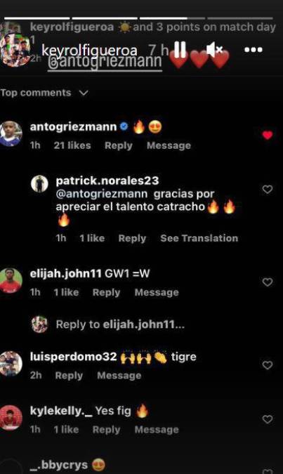 Cuando Keyrol debutó con la Sub-18 del Liverpool, Griezmann le dejó un comentario en su cuenta oficial de Instagram.