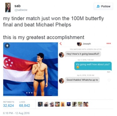 Hispana arrepentida por ignorar en Tinder a nadador que venció a Phelps en Río