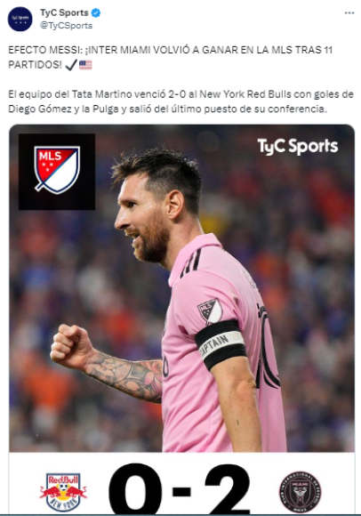 TyC Sports de Argentina: “EFECTO MESSI: ¡INTER MIAMI VOLVIÓ A GANAR EN LA MLS TRAS 11 PARTIDOS!”.