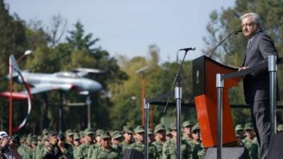 Handout picture released by the press office of Andres Manuel Lopez Obrador showing Mexico's President-elect Andres Manuel Lopez Obrador delivering a speech during a ceremony with the Mexican Armed Forces in Mexico City, on November 25, 2018. - Lopez Obrador, who takes office on December 1, 2018 summoned all the members of the Armed Forces of Mexico to join in the process of pacification of the country. (Photo by HO / Andres Manuel Lopez Obrador's Press Office / AFP) / RESTRICTED TO EDITORIAL USE - MANDATORY CREDIT 'AFP PHOTO / ANDRES MANUEL LOPEZ OBRADOR'S PRESS OFFICE' - NO MARKETING NO ADVERTISING CAMPAIGNS - DISTRIBUTED AS A SERVICE TO CLIENTS