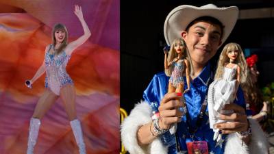 Un admirador de Taylor Swift asistió al concierto, en el estadio Santiago Bernabéu, con dos muñecas alusivas a la cantante y compositora estadounidense.