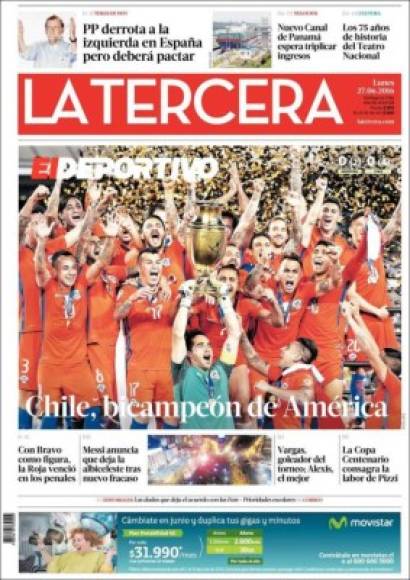 La Tercera, en tanto, con una fotografía que prácticamente cubre toda su portada, también celebró el triunfo de Chile ante Argentina y titula también 'Chile, bicampeón de América'.