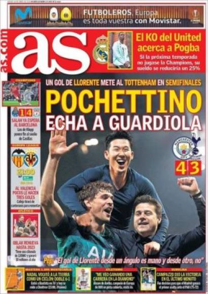 Diario AS - Con imagen de Llorente, Pochettino y Son, titula 'Pochettino echa a Guardiola' y se hace eco de la eliminación del Manchester City frente a los Spurs. Recoge también el pase del Liverpool a semifinales.