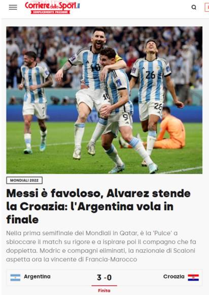 Corriere Dello Sport - “Un Messi fabuloso, Álvarez se extiende contra Croacia: Argentina vuela a la final”.
