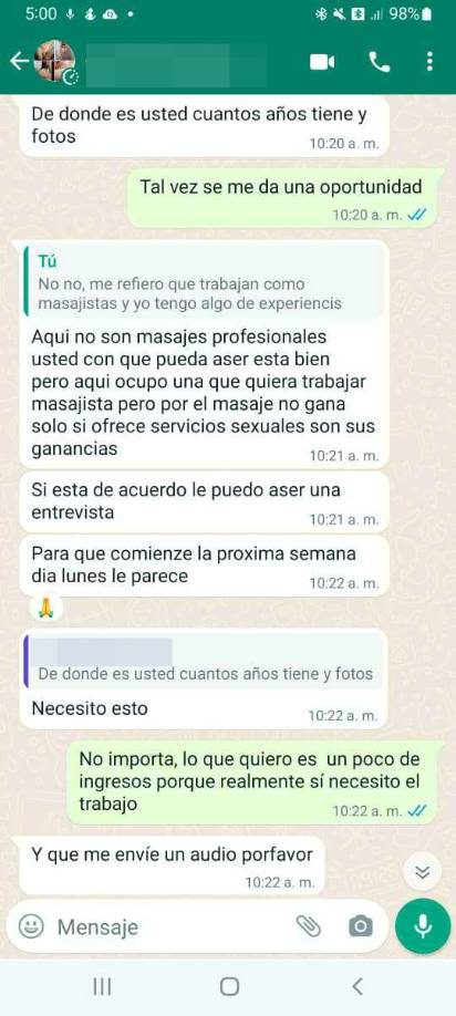 Diario LA PRENSA tuvo acceso a conversaciones entre jovencitas y redes de trata de personas, las cuales explotan a las hondureñas en las principales ciudades del país, como San Pedro Sula y Tegucigalpa.