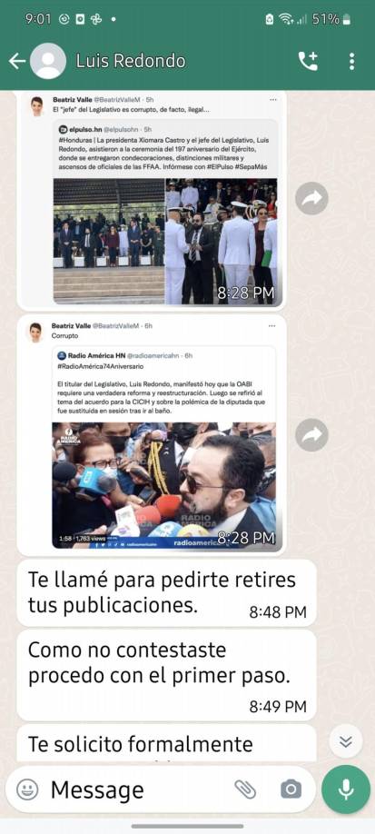 La conversación inicia con dos imágenes enviadas desde un número registrado como “Luis Redondo”, las cuales entraron en el chat de Beatriz a las 8:28 de la noche del viernes 9 de diciembre y en las que se observan dos capturas de pantalla de los tuis hechos por la diputada ese mismo día.