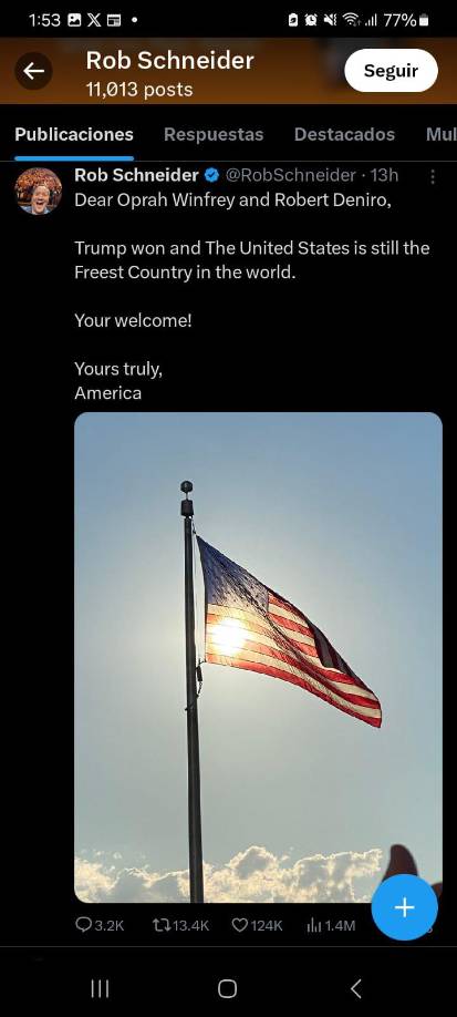 El comediante Rob Schneider usó su cuenta de X para hacer diversos posteos durante todo el proceso electoral. Una vez que los medios norteamericanos anunciaron que Trump ganó la contienda, las primeras reacciones de Rob fueron: “No habrá este año conteo de votos más tarde por la noche... el pueblo estadounidense ha hablado”. “Esta es una victoria arrollante”. También le dedicó un post a la famosa conductora Oprah Winfrey y al actor Robert de Niro, grandes opositores de Donald Trump. “Querida Oprah Winfrey y Robert De Niro. Trump ganó y Estados Unidos sigue siendo el país más libre del mundo. De nada! Atentamente, América”.