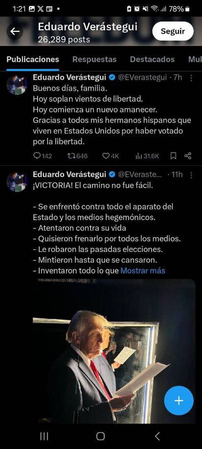 Eduardo Verástegui, actor y productor mexicano, es un confeso seguidor de Donald Trump para quien se sumó a su campaña política, utilizó su cuenta de X para expresar su emoción por el triunfo.