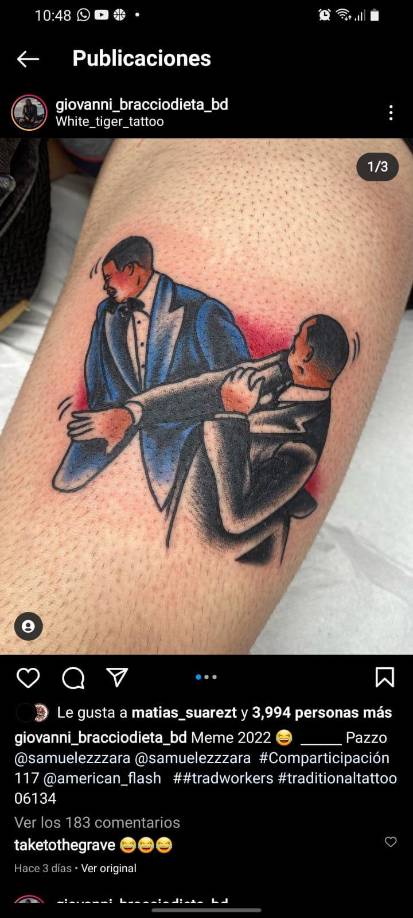 Una petición que viajó casi 8.000 kilómetros de distancia y llegó hasta el italiano Giovanni Bracciodieta, quien resaltó en rojo la mejilla de Rock en el tatuaje que le pidieron dos días después de lo ocurrido. El resultado de sendos trabajos se subió a internet y acumula miles de ‘me gusta’ en redes sociales, formando parte de la tendencia cada vez más generalizada de tatuarse memes que se hicieron virales.